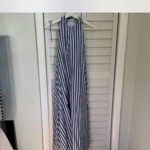Blue and White Halter Sundress with Backless Design
